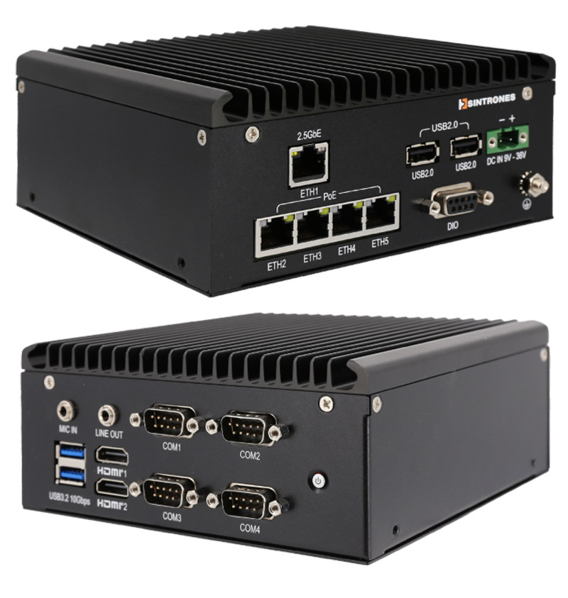 Sintrones SBOX-2624P Embedded Computer (AMD Ryzen  R2312, 2x HDMI, 1x 2.5GbE, 4x GbE PoE, 4x COM, DC-IN 9-36V)